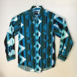 Wrangler blue Aztec button down shirt Mens Large Southwest Teal Turquoise VTG